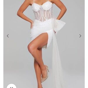 Jovani White Pearl Embellished Mini Dress